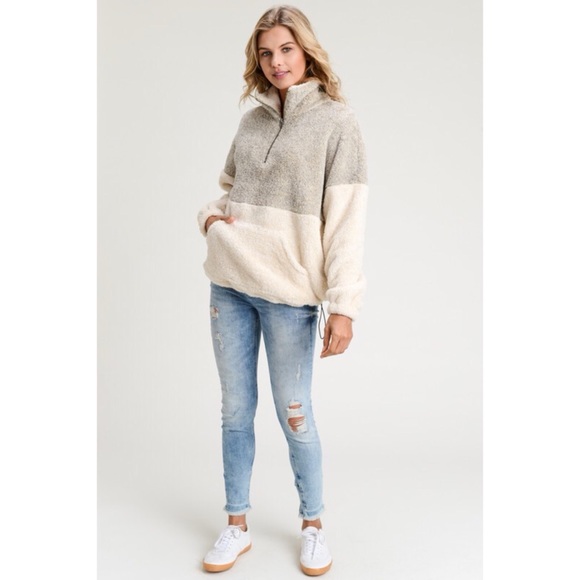 Two Tone Fuzzy Pull Over Sweater - Taupe/Cream - Picture 4 of 8